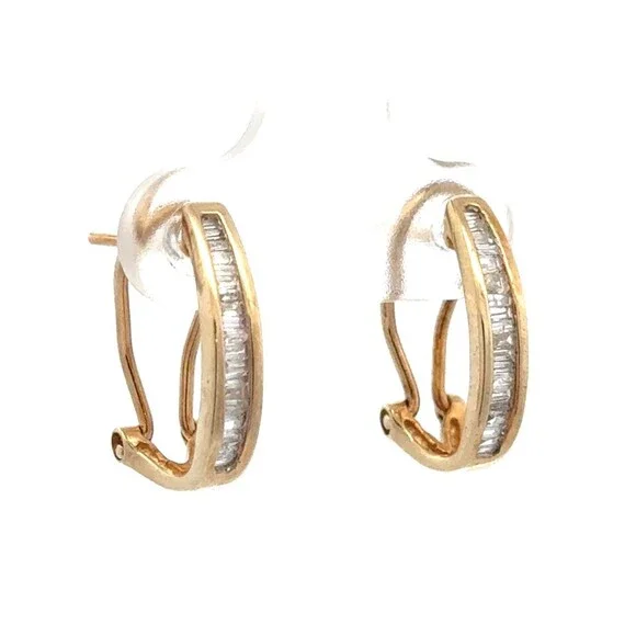 Designer HN 10K Yellow Gold Baguette Diamond Omega Back Oval Hoop Stud Earrings
